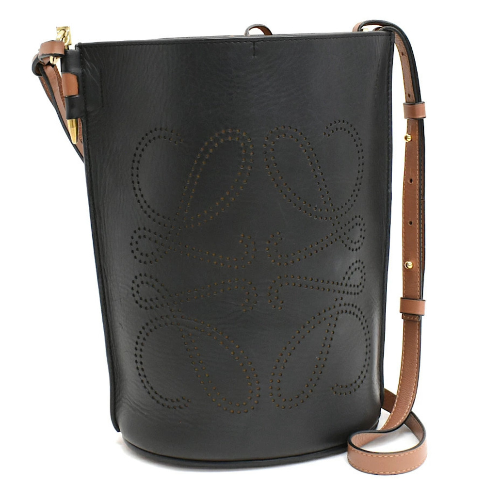 Loewe Gate Bag Bucket Shoulder Perforated Anagram Leather Black Brown